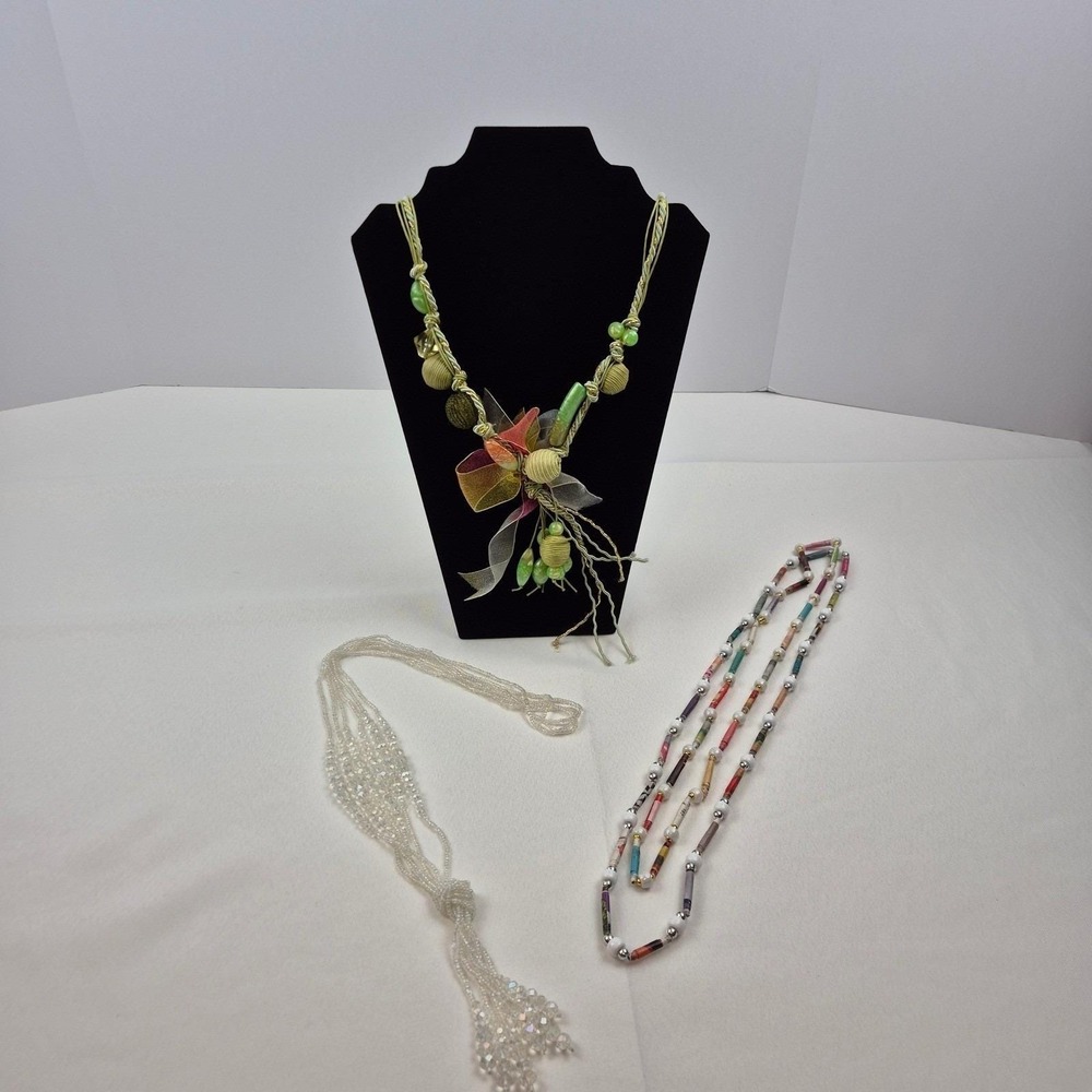 Lot 4 Necklaces Paper‎ Beads Crystal Look Tassel Beaded Flower Boho Vtg Festival